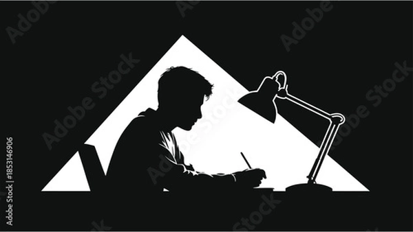 Obraz Student studying at night silhouette vector. E-learning and online education concept. Man working late at desk with lamp. Black and white minimalist graphic for homework, deadline, and focus themes.