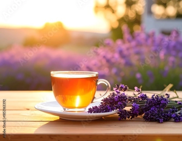 Obraz Tea in lavender field at sunset