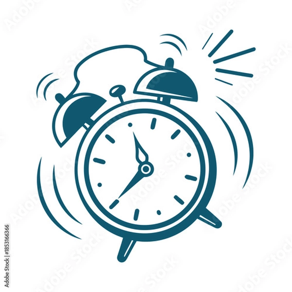 Fototapeta Blue alarm clock with sound waves and alarm symbol