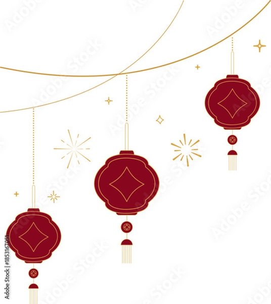 Obraz Hanging Chinese Lanterns with Decorative Cloud Lines