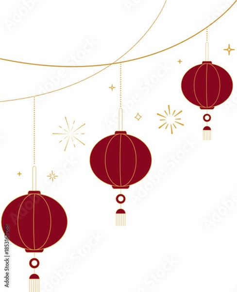 Obraz Hanging Chinese Lanterns with Decorative Cloud Lines