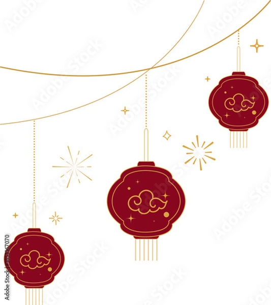 Obraz Hanging Chinese Lanterns with Decorative Cloud Lines