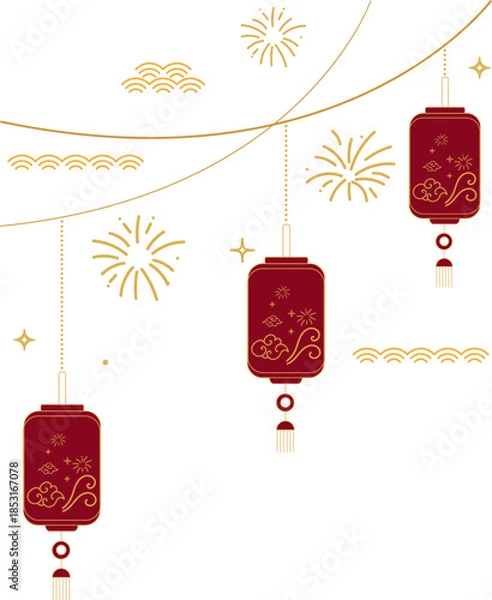 Obraz Hanging Chinese Lanterns with Decorative Cloud Lines