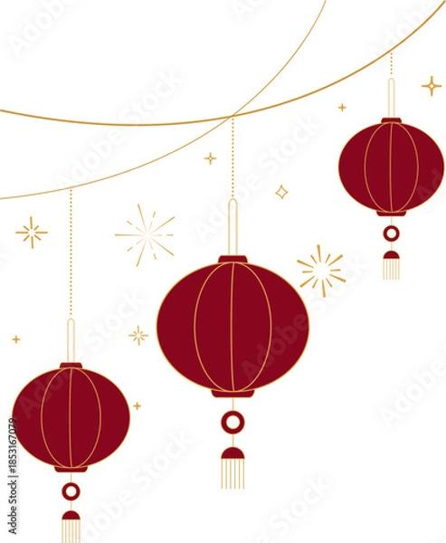 Obraz Hanging Chinese Lanterns with Decorative Cloud Lines