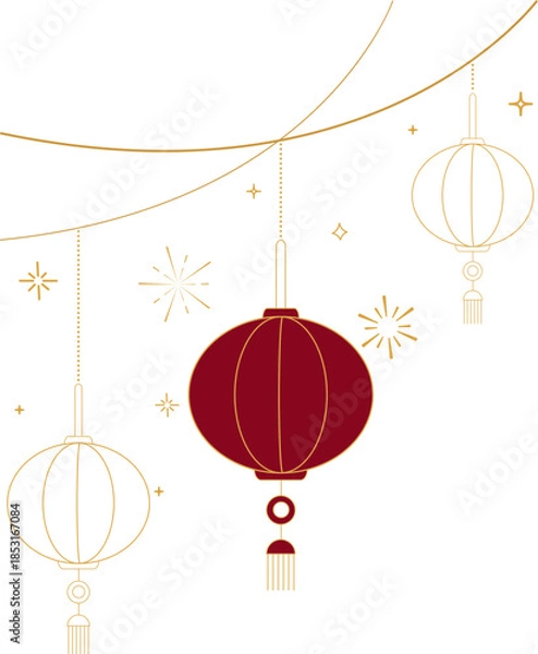 Obraz Hanging Chinese Lanterns with Decorative Cloud Lines