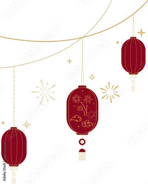 Obraz Hanging Chinese Lanterns with Decorative Cloud Lines