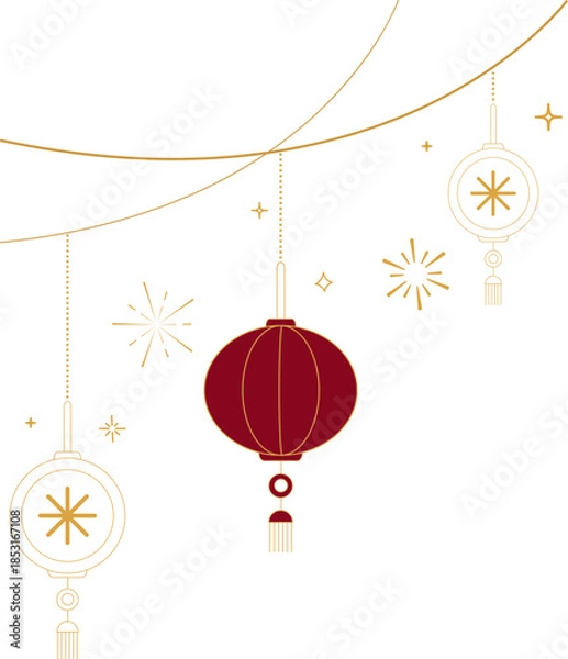 Obraz Hanging Chinese Lanterns with Decorative Cloud Lines