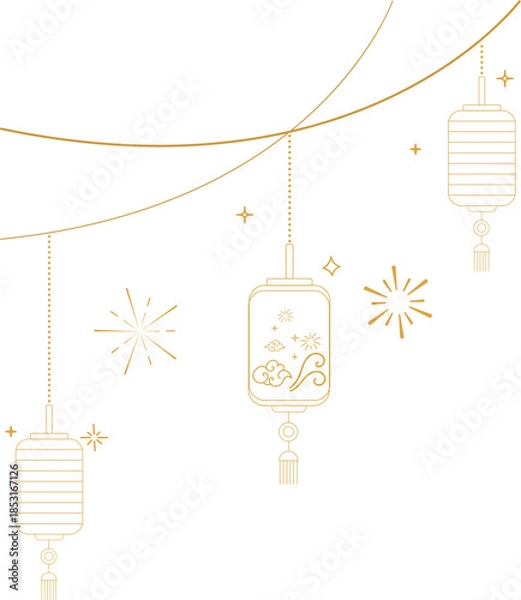 Obraz Hanging Chinese Lanterns with Decorative Cloud Lines