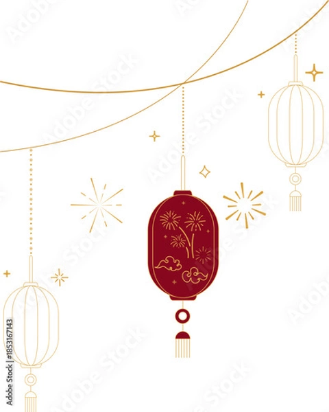 Obraz Hanging Chinese Lanterns with Decorative Cloud Lines