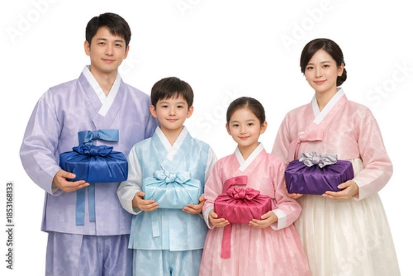 Obraz 명절 선물을 들고 있는 행복한 4인 한복 가족 (추석, 설날, 보자기 포장)
