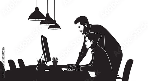 Fototapeta Two colleagues collaborating on a computer screen in an office setting