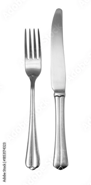 Obraz Stainless steel fork and knife isolated on transparent background