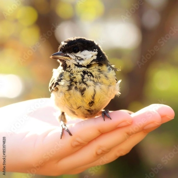 Fototapeta Tiny bird on hand in sunlight