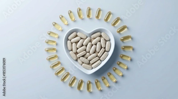 Obraz Capsules in heart shape with circular layout on blue for supplement wellness concept.