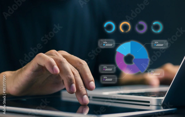 Obraz A professional interacts with a digital analytics dashboard showing charts and data visualization, representing big data analysis, performance tracking, business intelligence, and decision making.