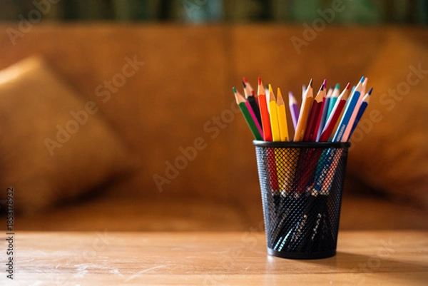 Obraz Colored pencils in holder with copy space for creativity and education.