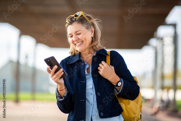 Obraz Mature woman smiling while checking smartphone outdoors