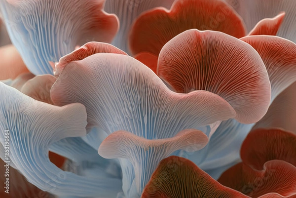 Obraz Blue and rusty red mushroom texture abstract background. Closeup macro view pattern for design.