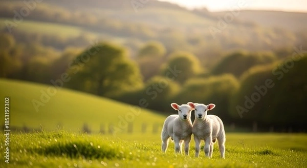 Obraz Two white sheep standing in a green meadow landscape