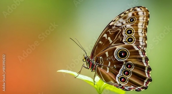 Obraz Brown butterfly perched on a green leaf