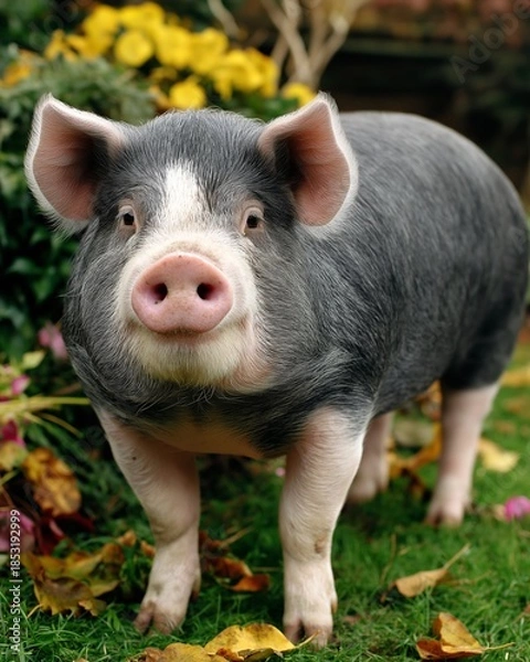 Obraz Curious Pig in Autumn Garden