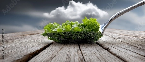 Obraz Floating Kale on Rustic Fork