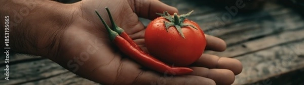 Obraz Hand Holding Tomato and Chili