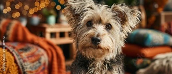 Obraz Cozy Living Room with Curious Yorkie