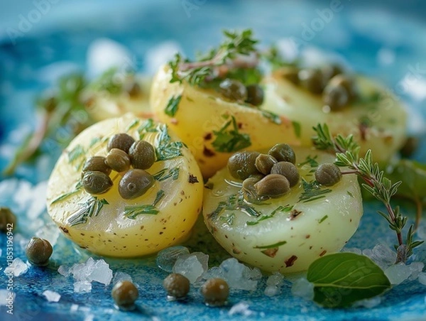 Obraz Herbed Potatoes with Capers on Blue Plate
