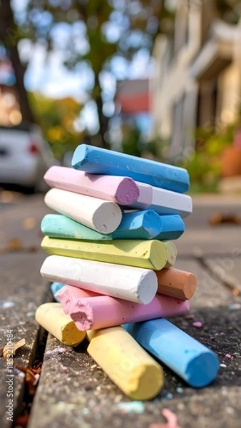 Obraz Colorful chalk stack on sidewalk