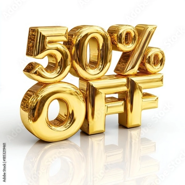 Fototapeta Shimmering Gold 50% Off Promotion: Discount Marketing Sale Event Ad. Retail Bargain Offer on White for Business and Shopping
