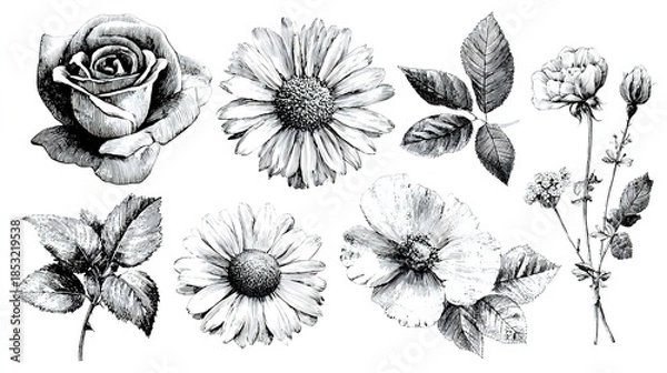 Obraz Classic Botanical Engravings: Vintage Flower & Leaf Illustrations for Elegant Design Projects
