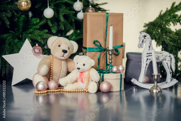 Obraz Presents under Christmas Tree in living room. Family Holiday New Year at Home