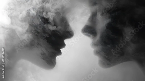 Fototapeta two overlapping faces made of fog, one calm and one chaotic, expressing duality of thought, artistic fine art, 