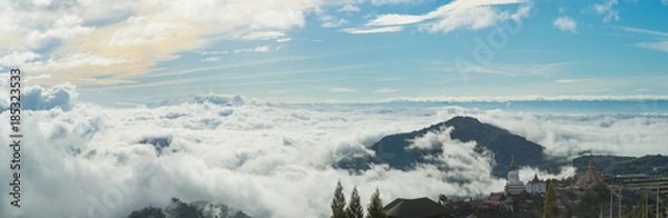 Fototapeta Panorama view blue sky and cloudy of nature and top view of Wat Pha Sorn Kaew Temple or Wat Phra Thart Pha Kaew Temple in Khao Kho, Phetchabun Province, Thailand.