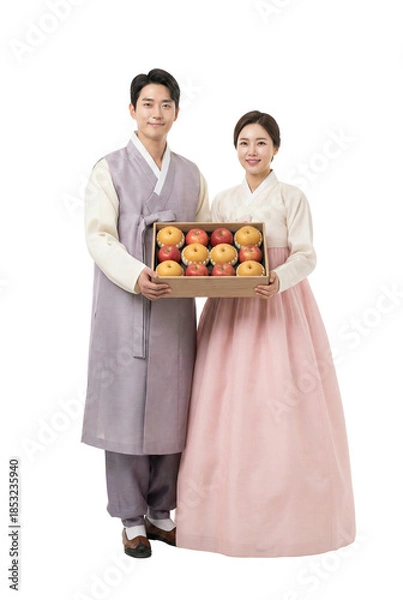 Obraz 명절 과일 선물 세트를 들고 있는 한복 입은 행복한 부부 (추석, 설날, 이벤트)
