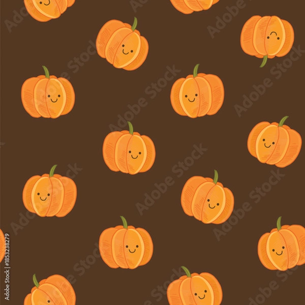 Obraz Smiling pumpkin baby seamless vector pattern on brown background.