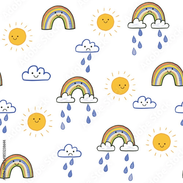 Obraz Sun, rainbow and clouds rain vector seamless pattern.