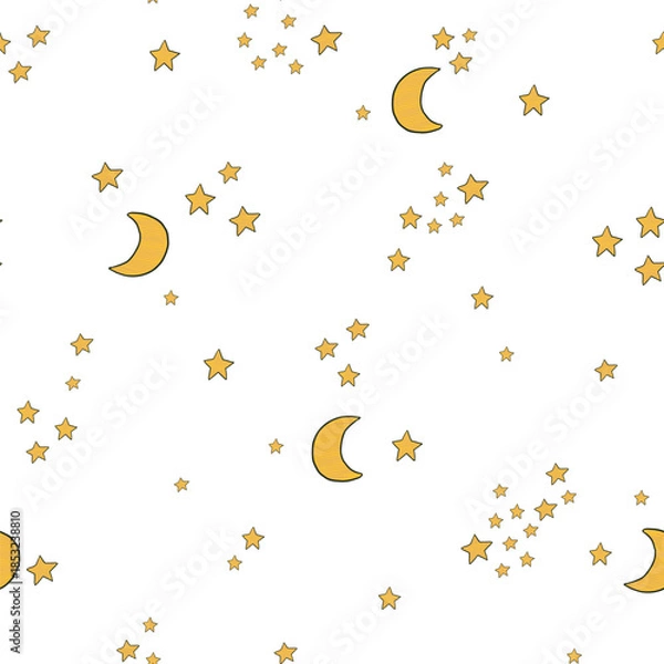 Obraz Night sky stars and moon white background vector seamless pattern.