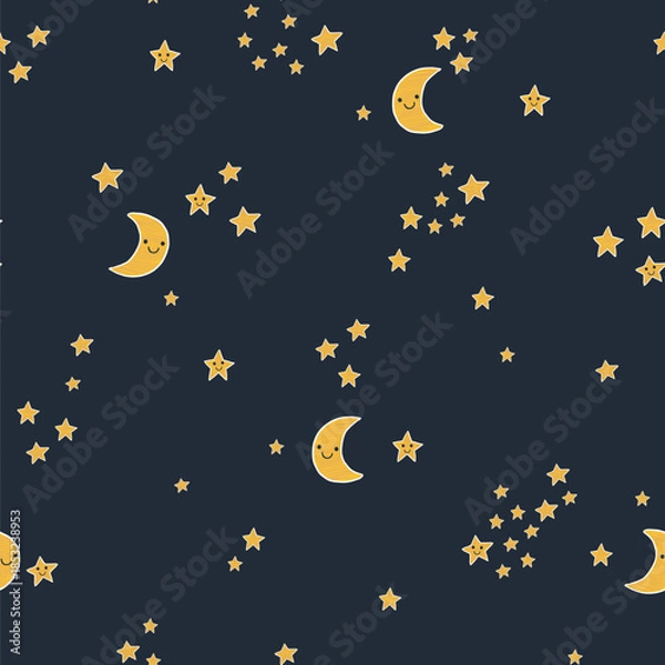 Obraz Night sky stars and moon dark background vector seamless pattern.