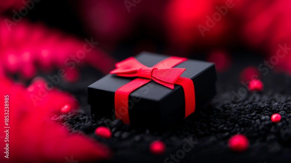 Fototapeta Black gift box with a red ribbon sits on a dark textured surface