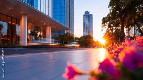 Fototapeta Cityscape at dusk modern architecture and urban landscape with empty road