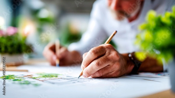 Fototapeta Clean studio shot of a civil engineer designing bridges structural diagrams