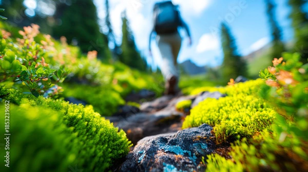 Fototapeta Clean studio shot of a hiker on a mountain trail lush