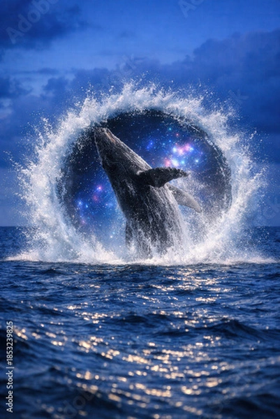 Obraz Humpback Whale Breaching Through Circular Splash With Cosmic Star Portal