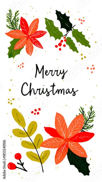 Obraz A festive greeting card with a Christmas theme featuring a variety of holiday-related illustrations and the text Merry Christmas