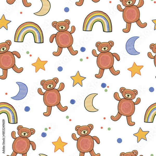Obraz Funny bear toy baby background vector seamless pattern on white background.