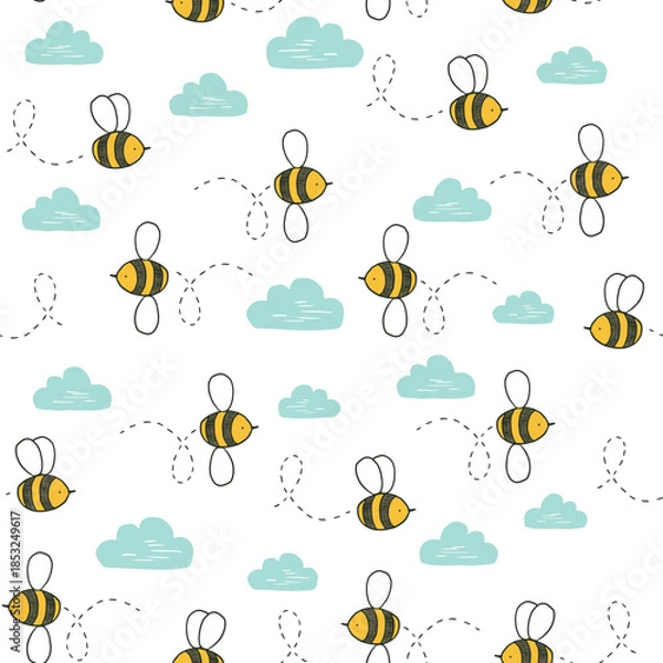 Obraz Funny flying bees and clouds vector seamless pattern on blue background.