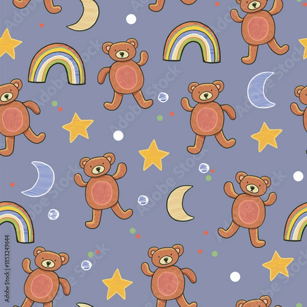 Obraz Funny bear toy baby background vector seamless pattern on white background.