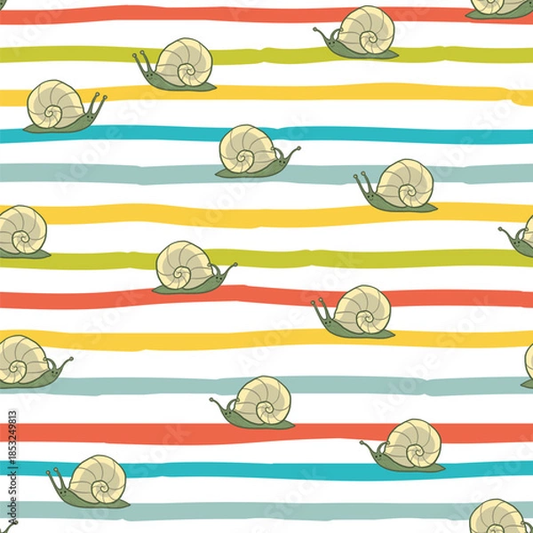 Obraz Snail baby seamless vector pattern and multicolored stripes background.